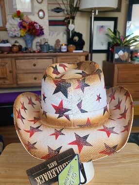 Star Print Straw Cowboy Hat - Red & Black